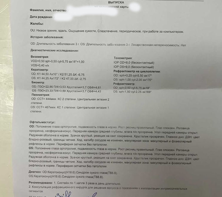 Консультация и операции при кератоконусе в Москве
