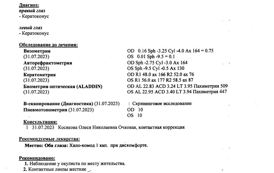 Дистанционное назначение лечения при кератоконусе 1 стадии